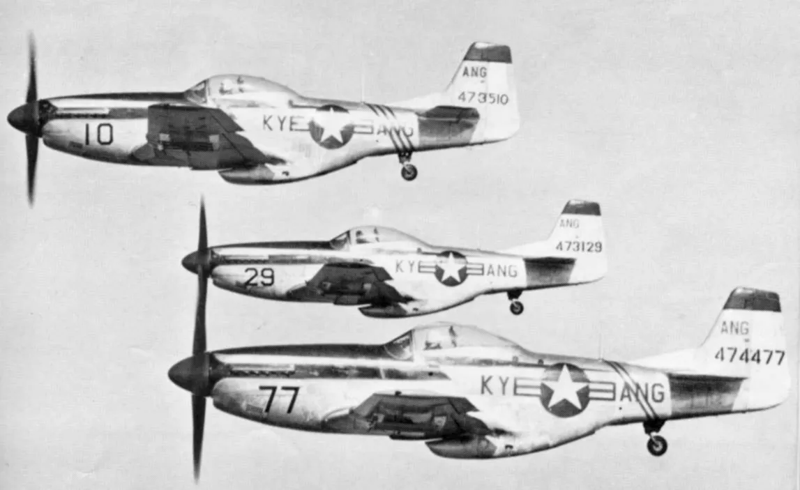 Three F-51D Mustang fighters in formation