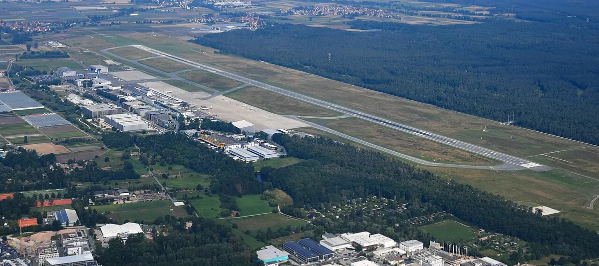 Aerial view of Nuremberg Airport and its runway