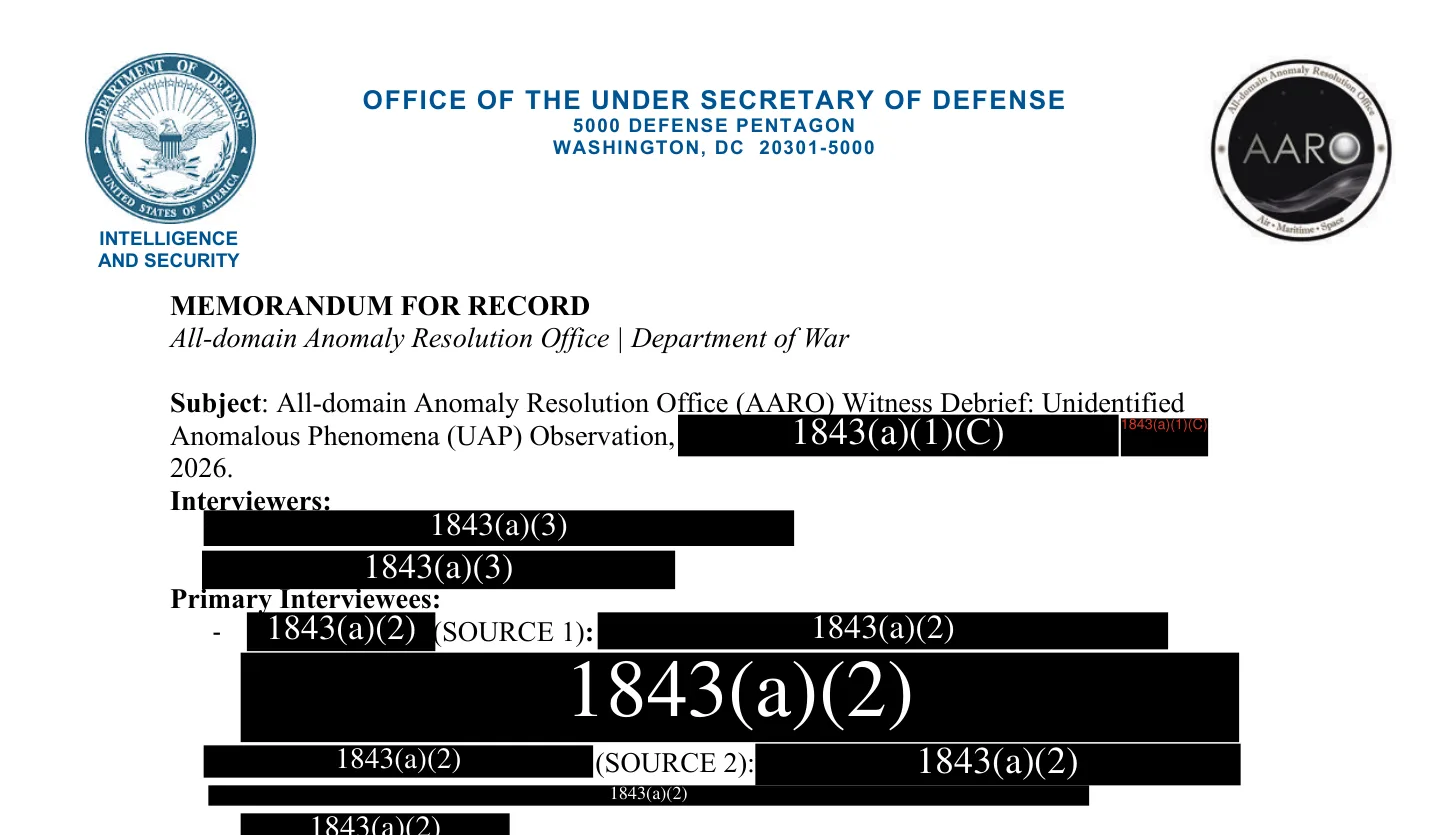 The top of a Pentagon memorandum with the AARO seal, a subject line about a UAP witness debrief, and black redaction boxes over the names