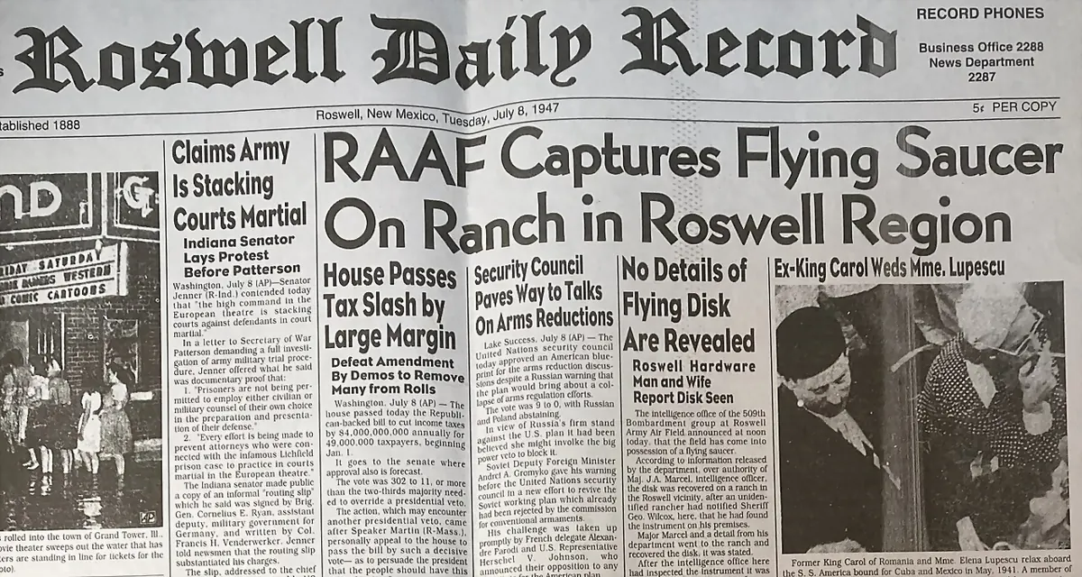 Roswell Daily Record front page headline, July 8, 1947