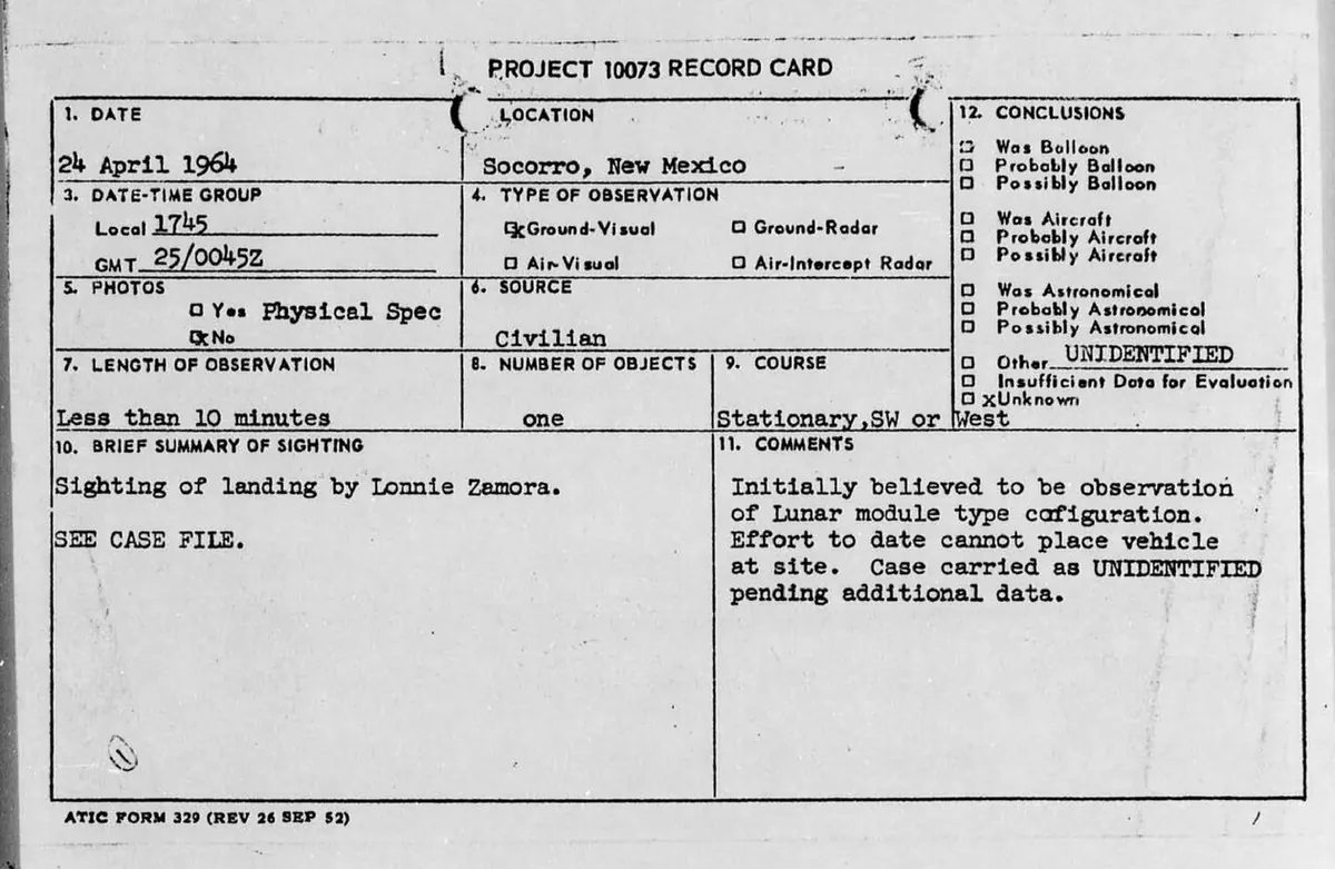 Project Blue Book record card for the Socorro case