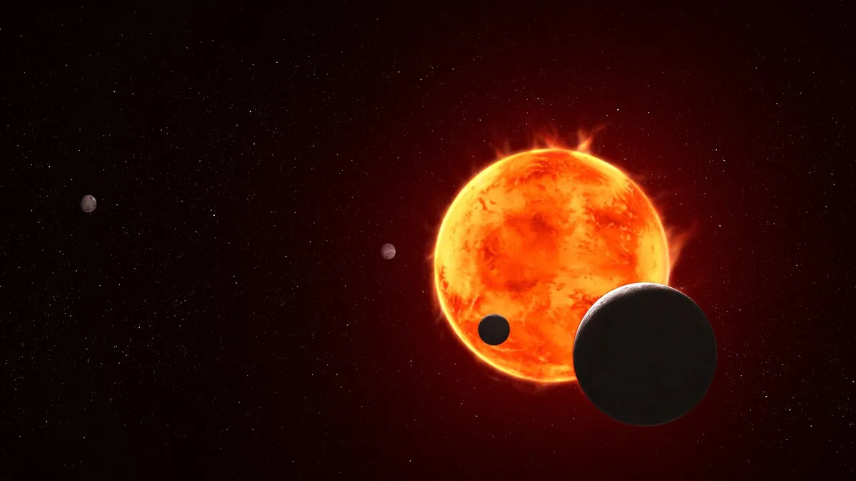 Illustration of a dark planet crossing in front of a flaring red star, with smaller planets in the distance